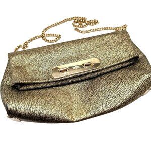 Coach Metallic Gold Pebble Leather Swagger Clutch Crossbody Chain Strap Turnlock